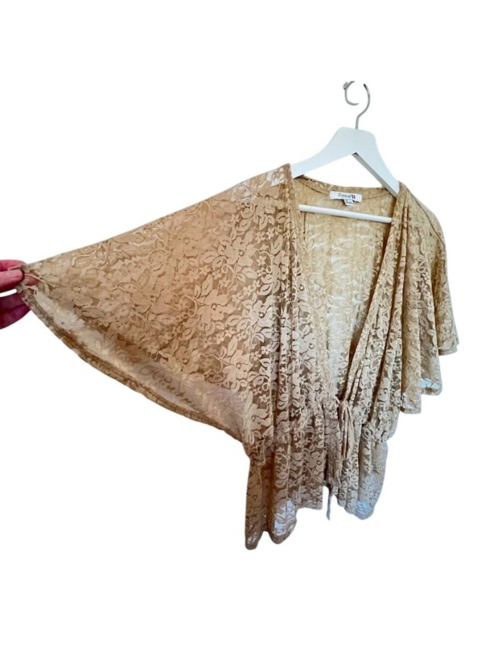 Fairycore Floral Lace Kimono Cardigan Champagne Taupe Coquette Boho Layering L - Picture 6 of 12